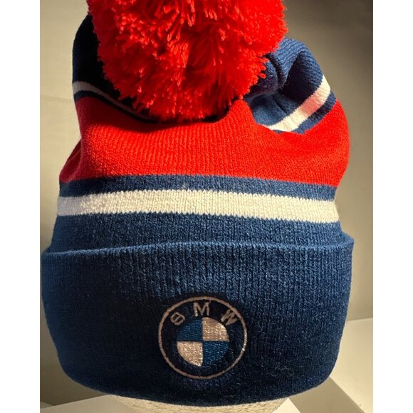 Florida Panthers & BMW Knit Beanie Hat Red & Blue Stripes W/ Pom Pom Winter Cap - Picture 3 of 4